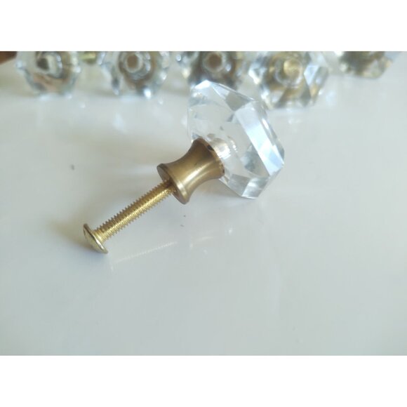 Vintage Cut Glass Drawer Pulls 1 1/4" Hexagonal Brass Inserts (lot of 11) - Picture 6 of 13